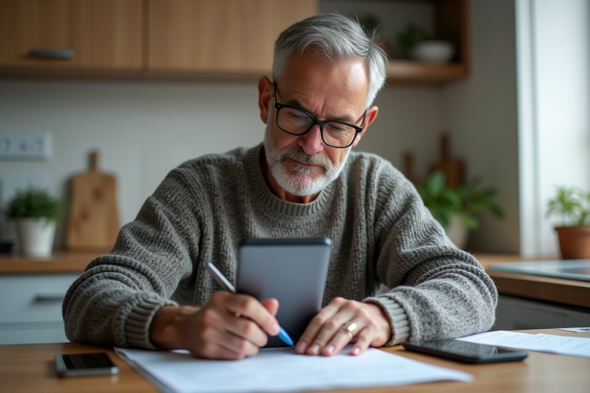 Homme signant un document numérique à la maison avec un stylet