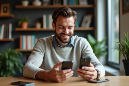 Homme souriant comparant trois smartphones dans un salon