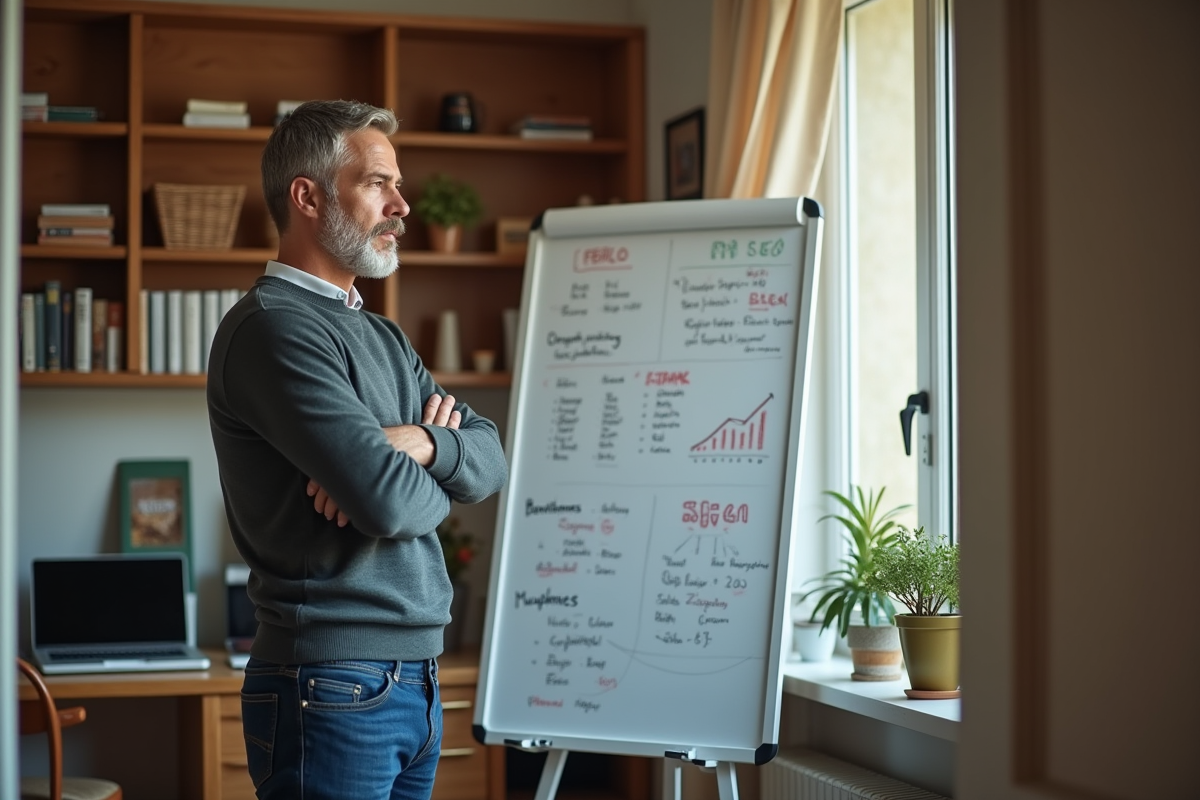 Homme en pullover devant un tableau blanc avec diagrammes SEO
