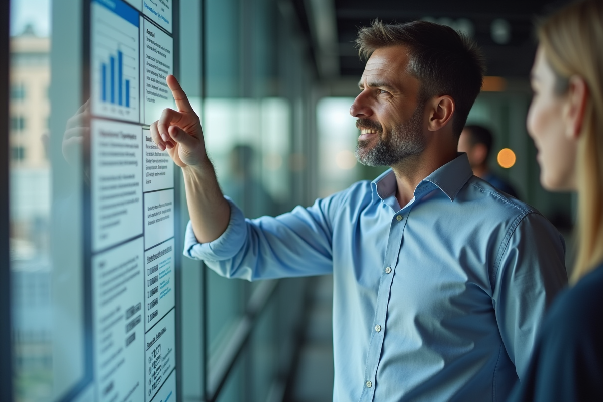 Homme expliquant une strategie SEO avec un diagramme dans une salle de réunion