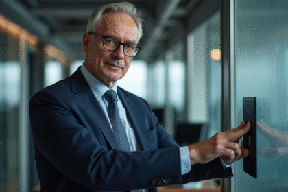 Homme confiant en costume navy dans un bureau moderne