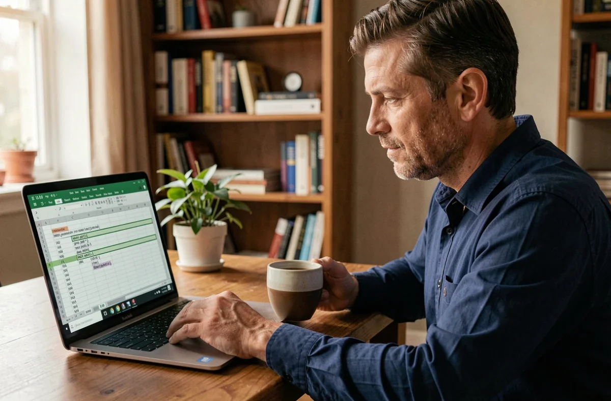 Homme en télétravail analysant une formule Excel pour inverser l'ordre des lignes d'un tableau sur laptop