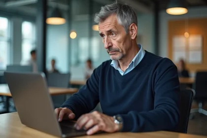 Homme d'âge moyen au bureau avec ordinateur portable