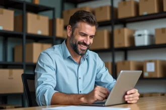 Homme d'âge moyen avec tablette dans un bureau organisé