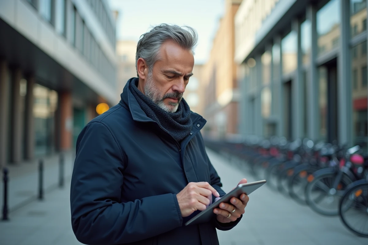 Homme d age moyen utilisant une tablette en ville