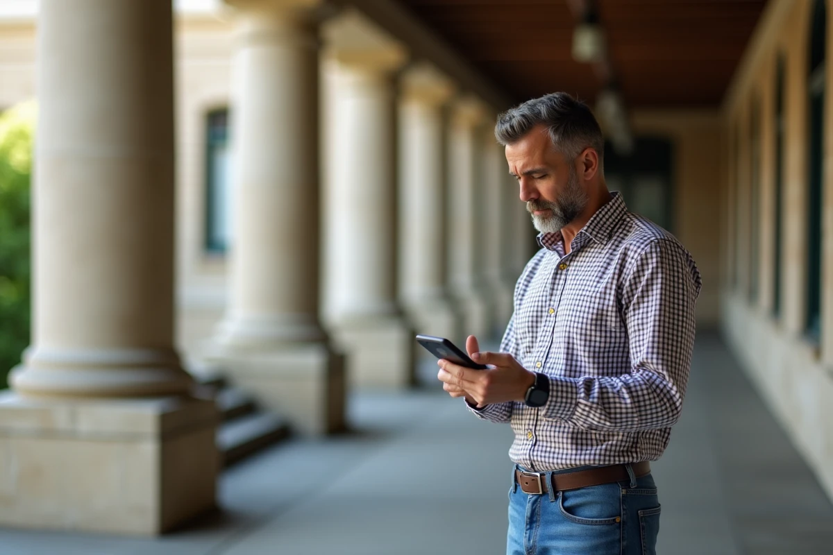 Homme en extérieur vérifiant ses mails avec frustration