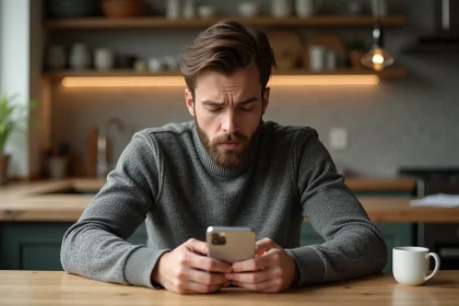 Homme examinant un iPhone 14 avec scepticisme dans une cuisine moderne