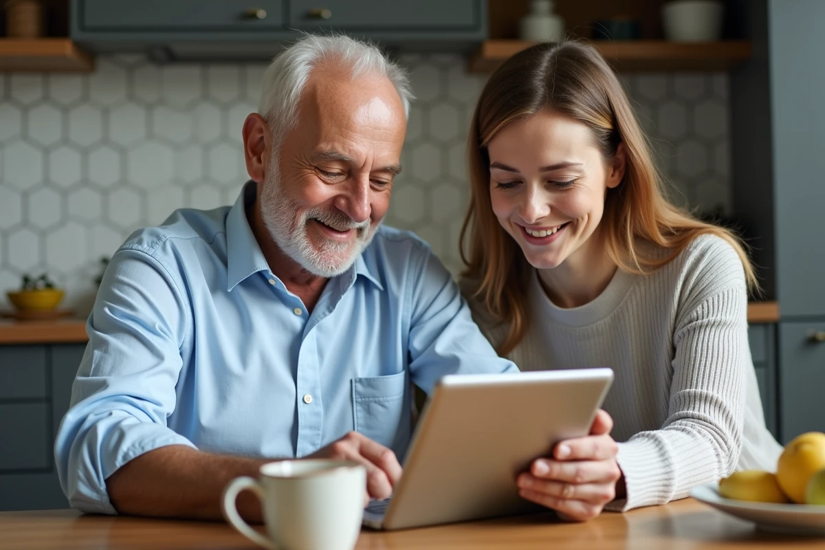 Homme âgé montrant une application à sa fille avec une tablette dans la cuisine