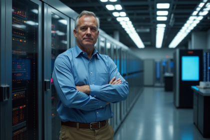 Ingénieur homme debout près d'un ordinateur quantique moderne