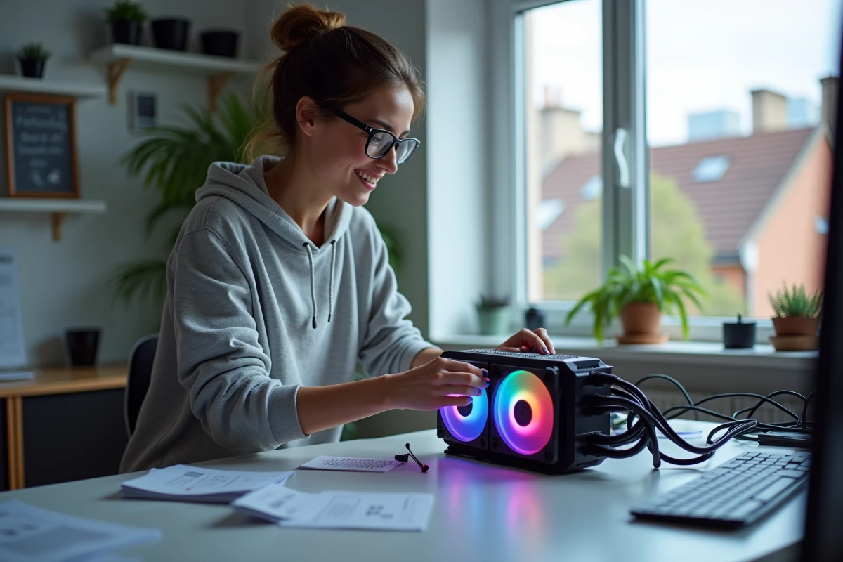 Femme inspectant des ventilateurs RGB sur un radiateur PC