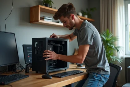 Jeune homme installant un refroidisseur CPU dans un PC compact