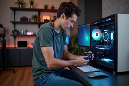 Jeune homme installant un refroidisseur liquide RGB dans un PC