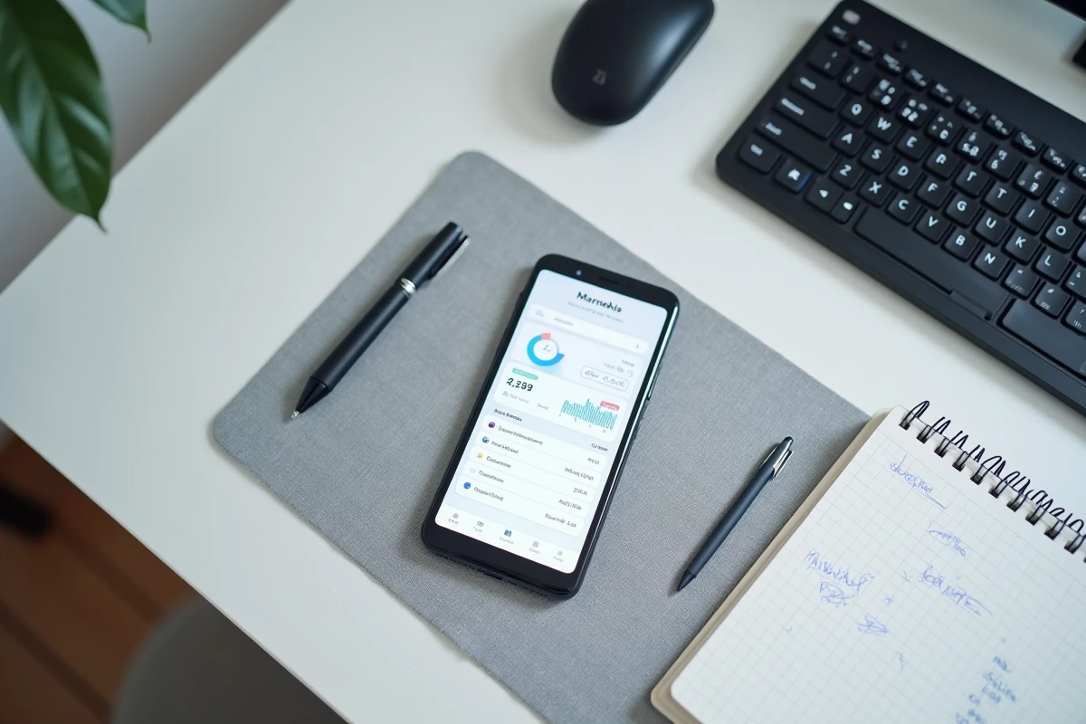 Vue de dessus d'un smartphone affichant l'interface Mafreeboxos avec les statistiques de consommation internet et les appareils connectés sur un bureau minimaliste