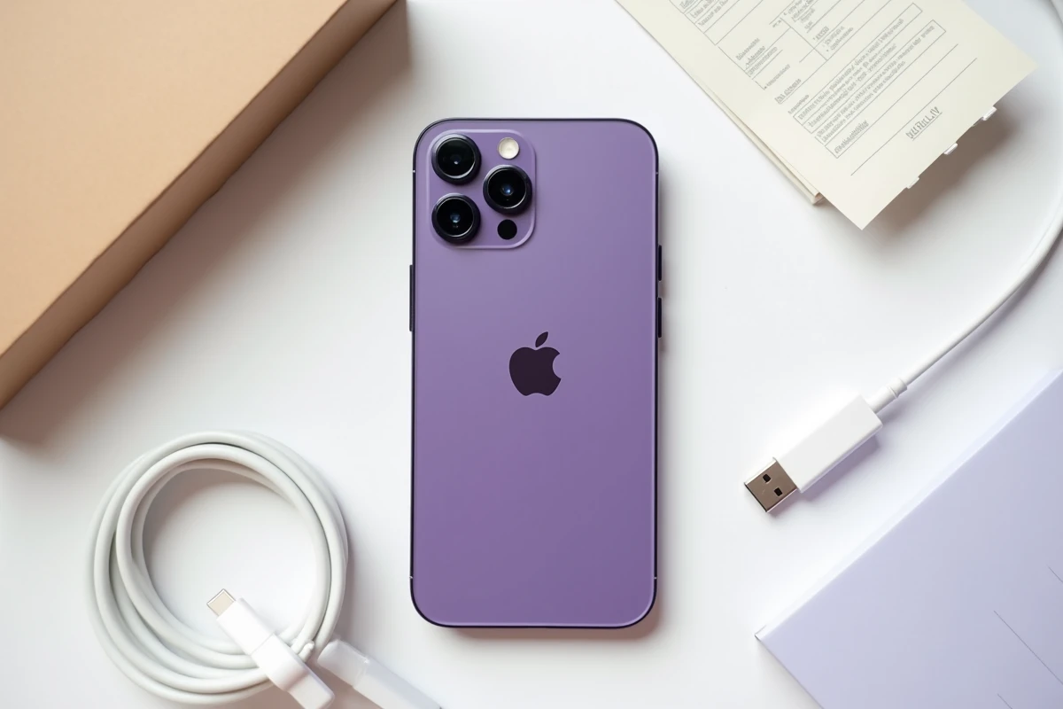 iPhone 14 Pro reconditionné violet avec emballage et accessoires posés à plat sur fond blanc
