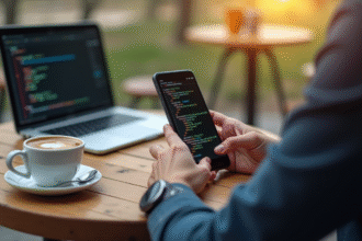 Jeune personne codant en HTML sur smartphone en extérieur