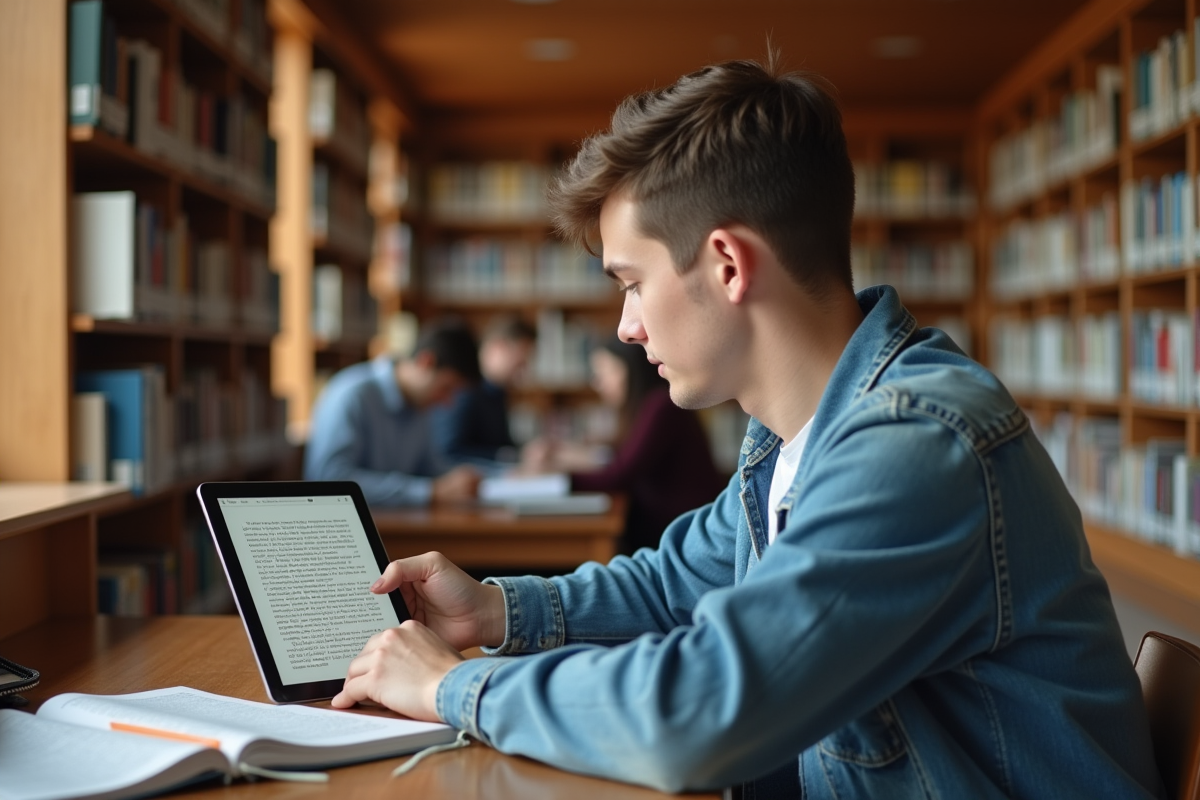 Etudiant utilisant une tablette pour scanner une page de livre