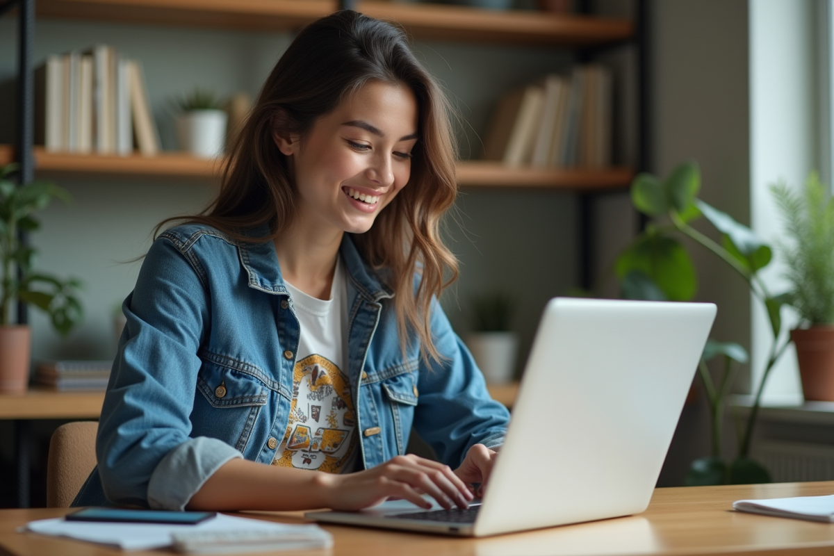 Jeune femme souriante travaillant à son bureau à domicile