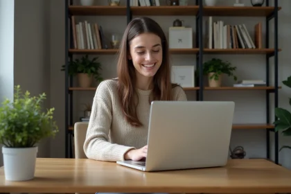 Jeune femme assise à un bureau moderne en ligne