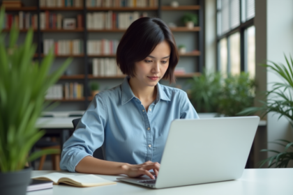 Jeune femme au bureau travaillant sur son ordinateur portable