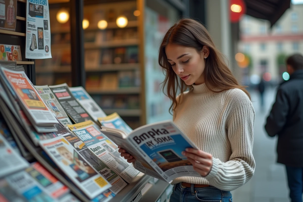 Jeune femme feuilletant magazines informatiques dans un kiosque urbain