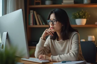 Jeune femme concentrée devant son ordinateur dans un bureau moderne