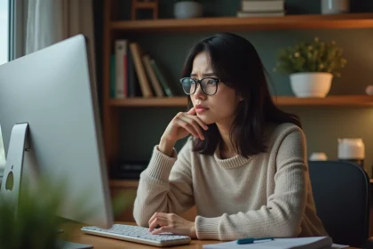 Jeune femme concentrée devant son ordinateur dans un bureau moderne