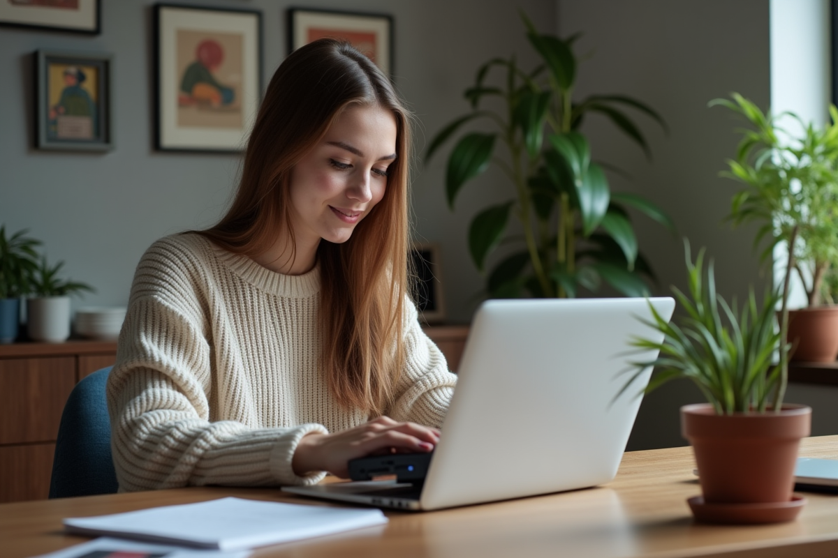 Jeune femme insérant un disque dur dans un ordinateur portable