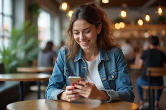 Jeune femme utilisant Instagram avec GIFs dans un café animé