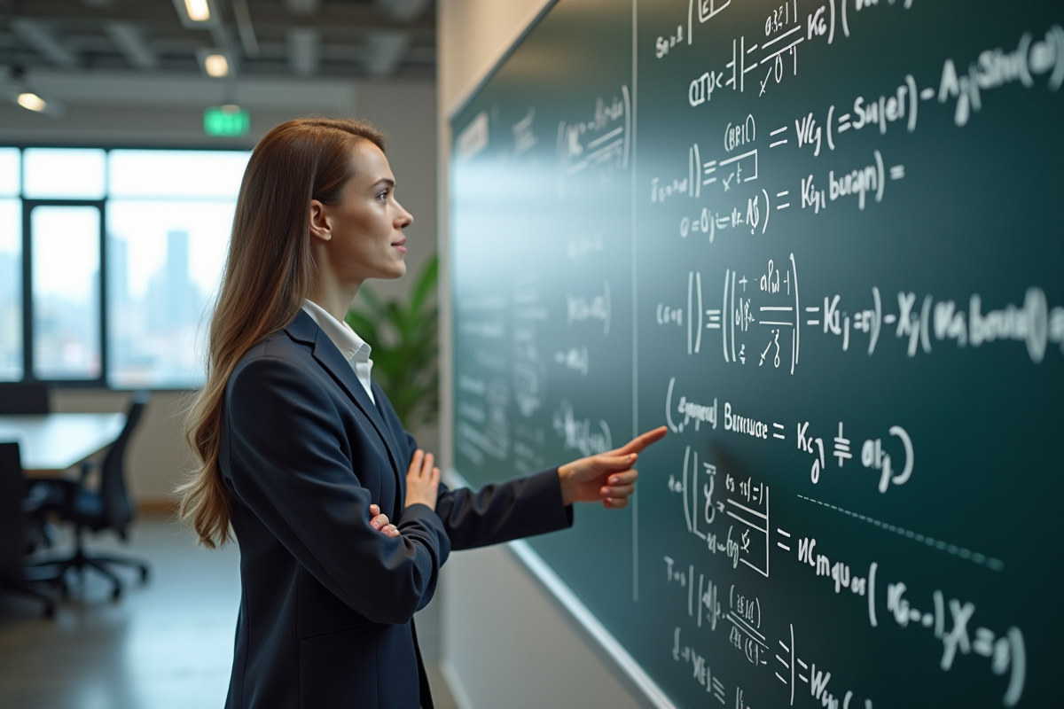 Jeune femme en entreprise devant tableau d equations