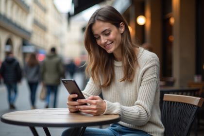 Jeune femme souriante avec smartphone dans un café parisien