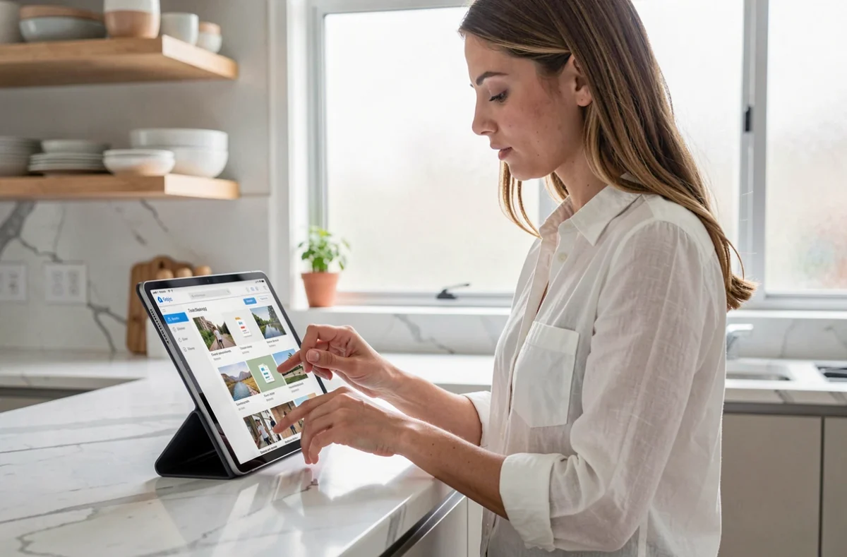 Jeune femme réorganisant des images JPG sur tablette pour créer un PDF multipage prêt à imprimer