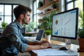 Jeune homme en bureau analysant résultats SEO sur écran