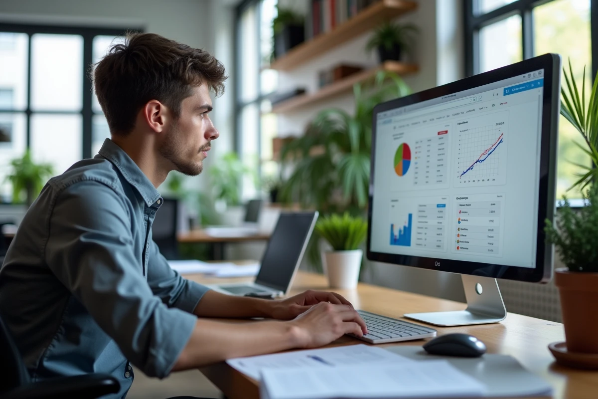 Jeune homme en bureau analysant résultats SEO sur écran