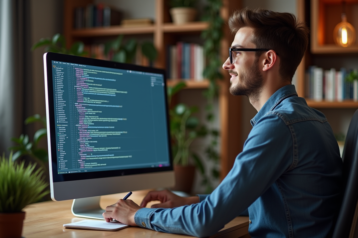 Jeune homme utilisant un ordinateur pour automatiser des tâches