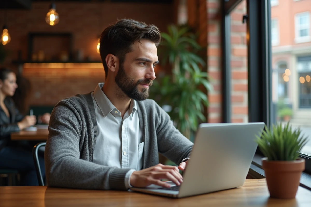 Jeune homme au café regardant son ordinateur portable