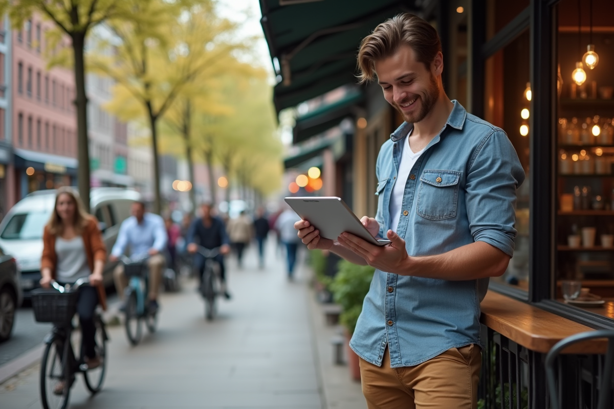 Jeune homme dans un café urbain consultant des statistiques sur tablette