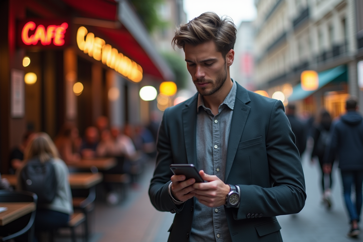 Jeune homme en blazer dans une rue animée de ville