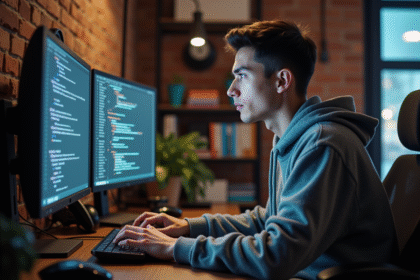 Jeune homme concentré en coding dans un bureau moderne