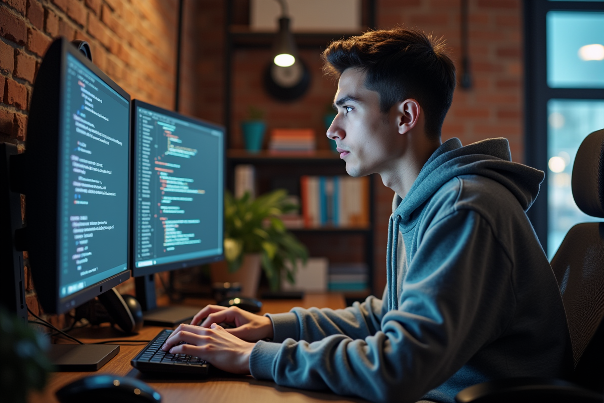 Jeune homme concentré en coding dans un bureau moderne