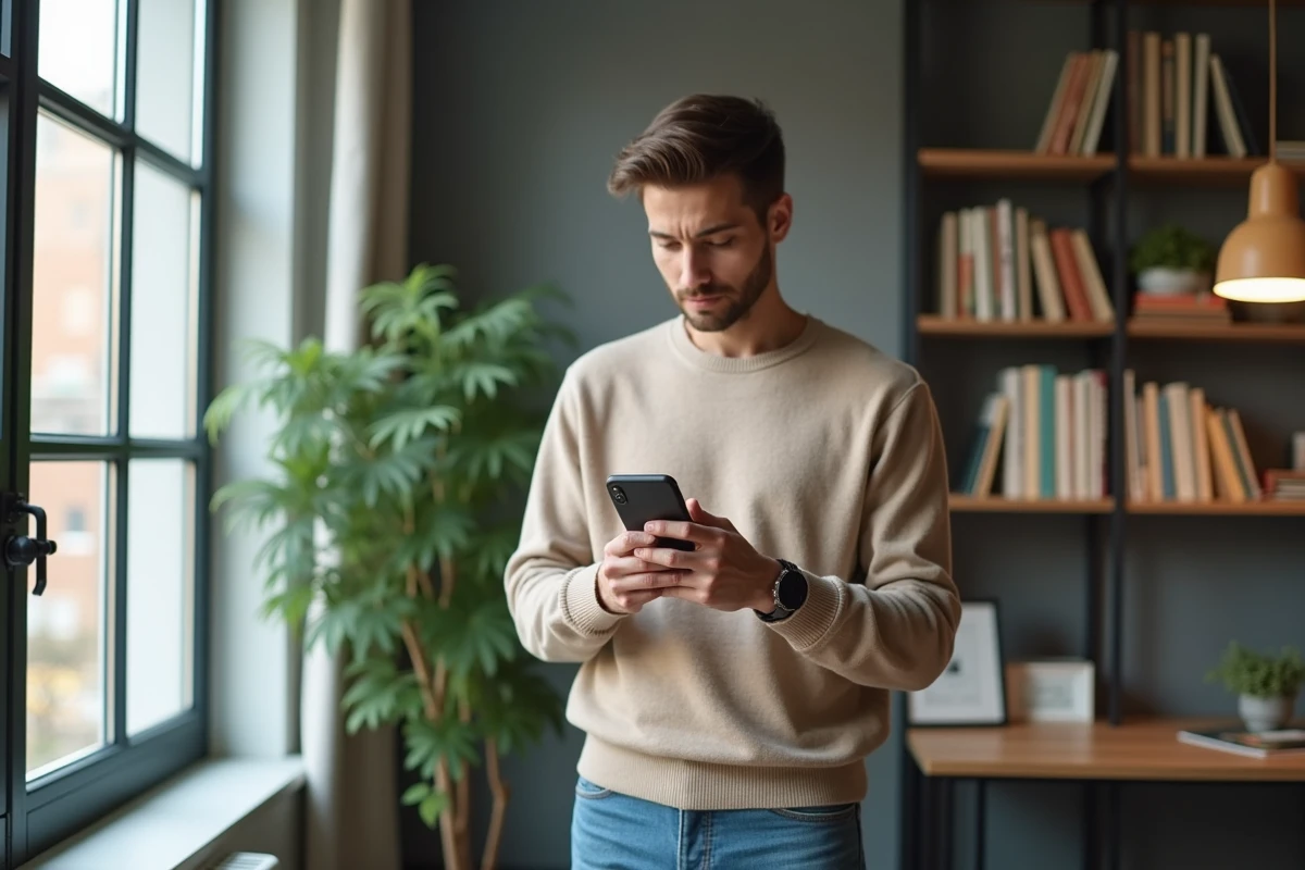 Jeune homme utilisant la fonction GIF sur son smartphone dans un bureau