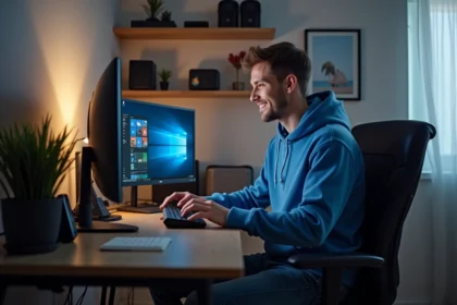 Jeune homme en hoodie bleu optimise son PC à son bureau