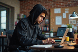 Jeune homme concentré travaillant sur son ordinateur dans un appartement