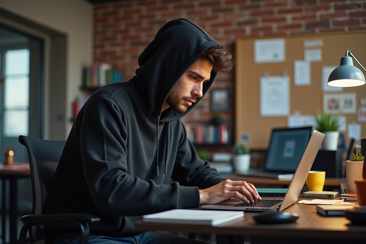 Jeune homme concentré travaillant sur son ordinateur dans un appartement