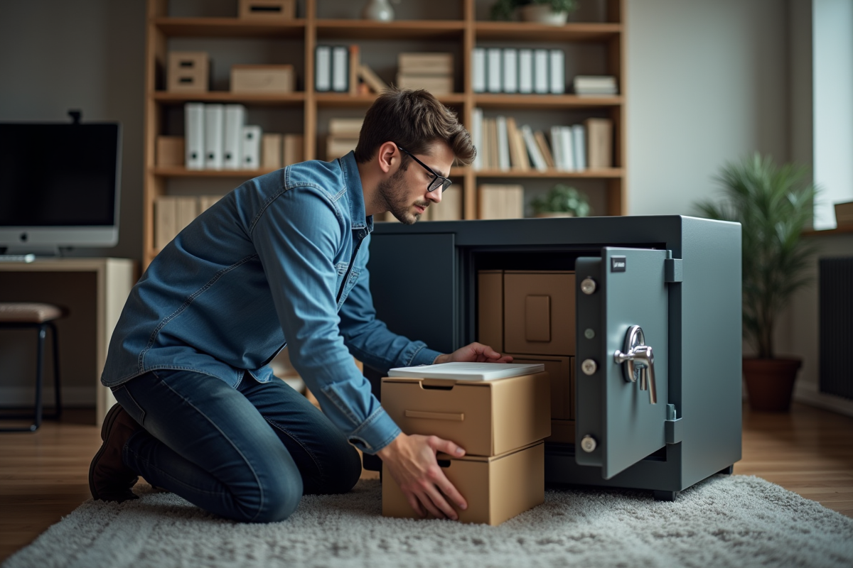 Jeune homme plaçant des archives dans un coffre-fort à domicile