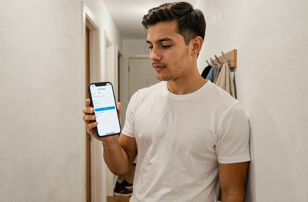 Jeune homme consultant le mot de passe WiFi Bbox depuis son smartphone dans un couloir d'appartement
