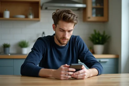 Jeune homme compare deux smartphones dans une cuisine moderne