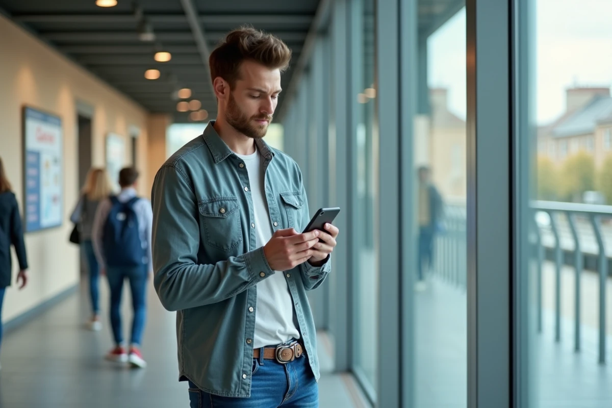 Jeune homme étudiant dans un couloir universitaire
