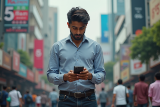 Jeune homme indien regardant son smartphone en ville