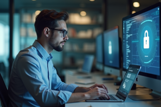 Jeune homme concentré sur son ordinateur et un cadenas