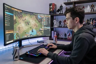 Joueur de World of Warcraft personnalisant son interface avec des addons sur un écran ultrawide dans une salle de jeu